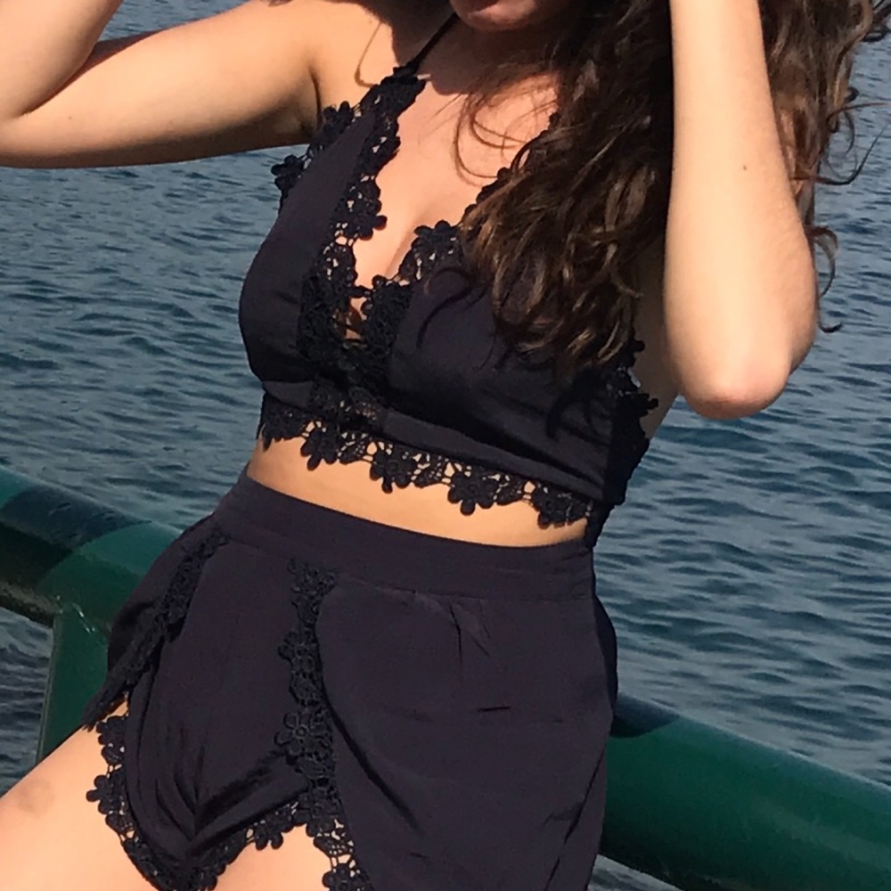 Fashion Nova Navy Blue Lace 2 Piece Set